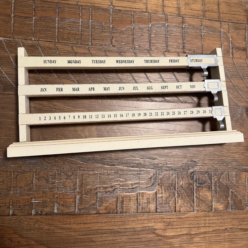 Rustic Wood Perpetual Calendar Farmhouse Sliding Metal Marker Desk Tabletop